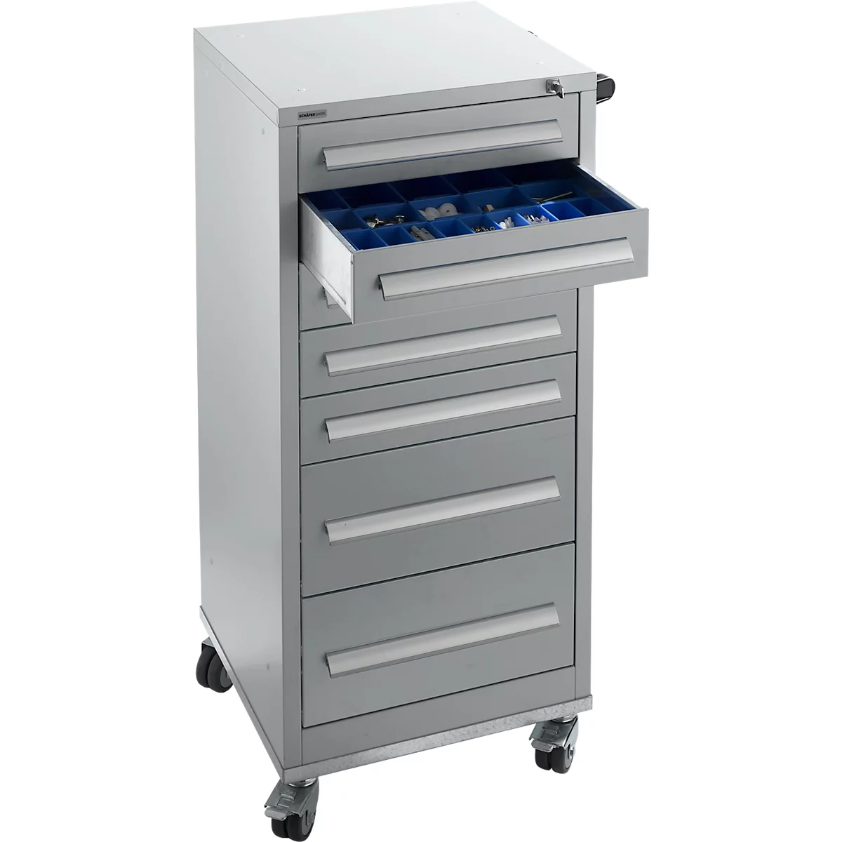 Schäfer Shop Pure Armoire à tiroirs SFR 70, 7 tiroirs, L 544 x P 500 x H 1215 mm,avec roulettes, alu blanc RAL 9006 alu blanc RAL 9006