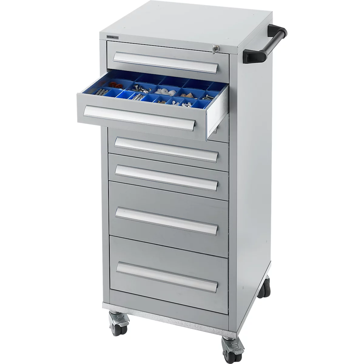 Schäfer Shop Pure Armoire à tiroirs SFR 70, 7 tiroirs, L 544 x P 500 x H 1215 mm,avec roulettes, alu blanc RAL 9006 alu blanc RAL 9006