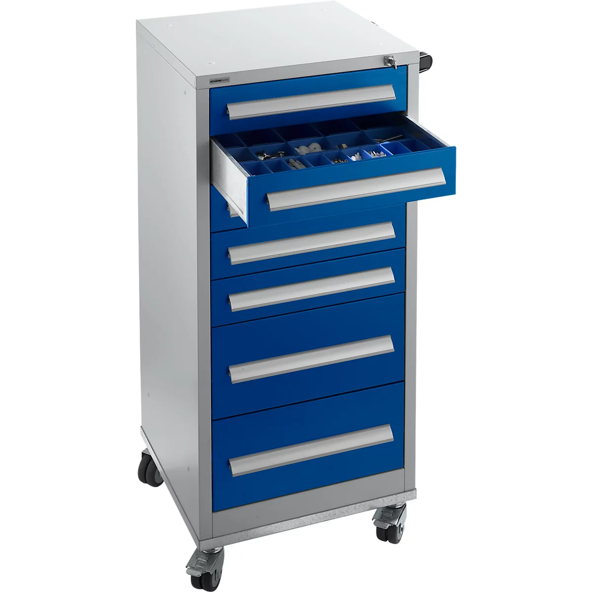 Schäfer Shop Pure Armoire à tiroirs SFR 70, 7 tiroirs, L 544 x P 500 x H 1215 mm, avec roulettes, alu blanc RAL 9006 bleu gentiane RAL 5010