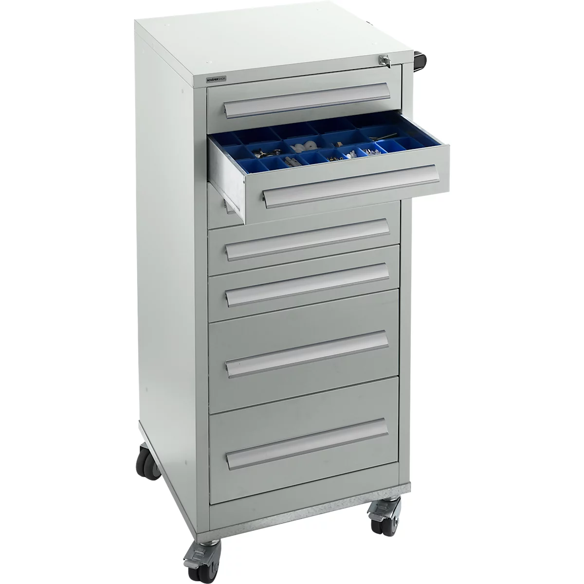 Schäfer Shop Pure Armoire à tiroirs SFR 70, 7 tiroirs, L 544 x P 500 x H 1215 mm, avec roulettes, gris clair RAL 7035/gris clair RAL 7035