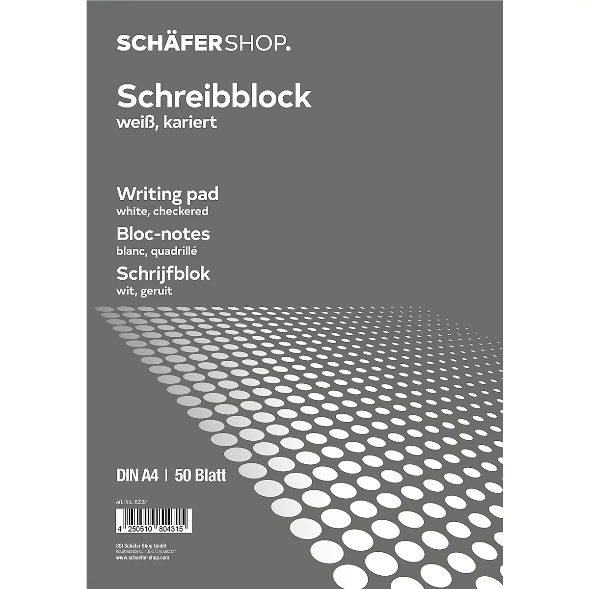 Bloc-notes gris avec papier blanc à carreaux. Inscription : Schreibblock, blanc, quadrillé, DIN A4, 50 feuilles.
