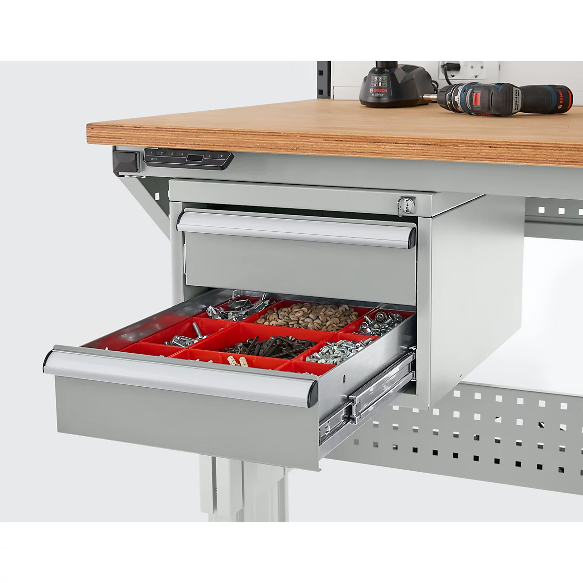 Schäfer Shop Pure Bloc-tiroirs 411, pour tables de travail AST31, montage à gauche/à droite, 2 tiroirs, verrouillable, jusqu'à 50 kg, acier, gris clair/gris clair