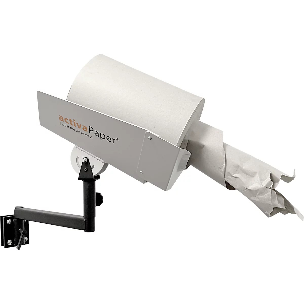 Distributeur de papier mural ; le boîtier métallique indique "activaPaper". Le papier sort.