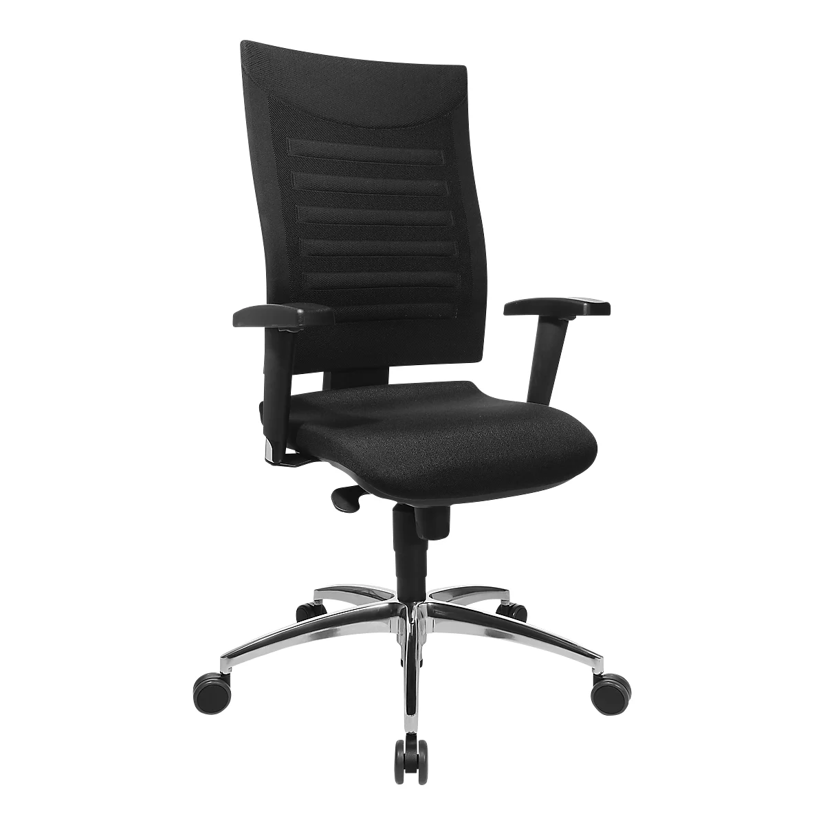 Black office chair with mesh back and armrests on a chrome base, against a white background.
