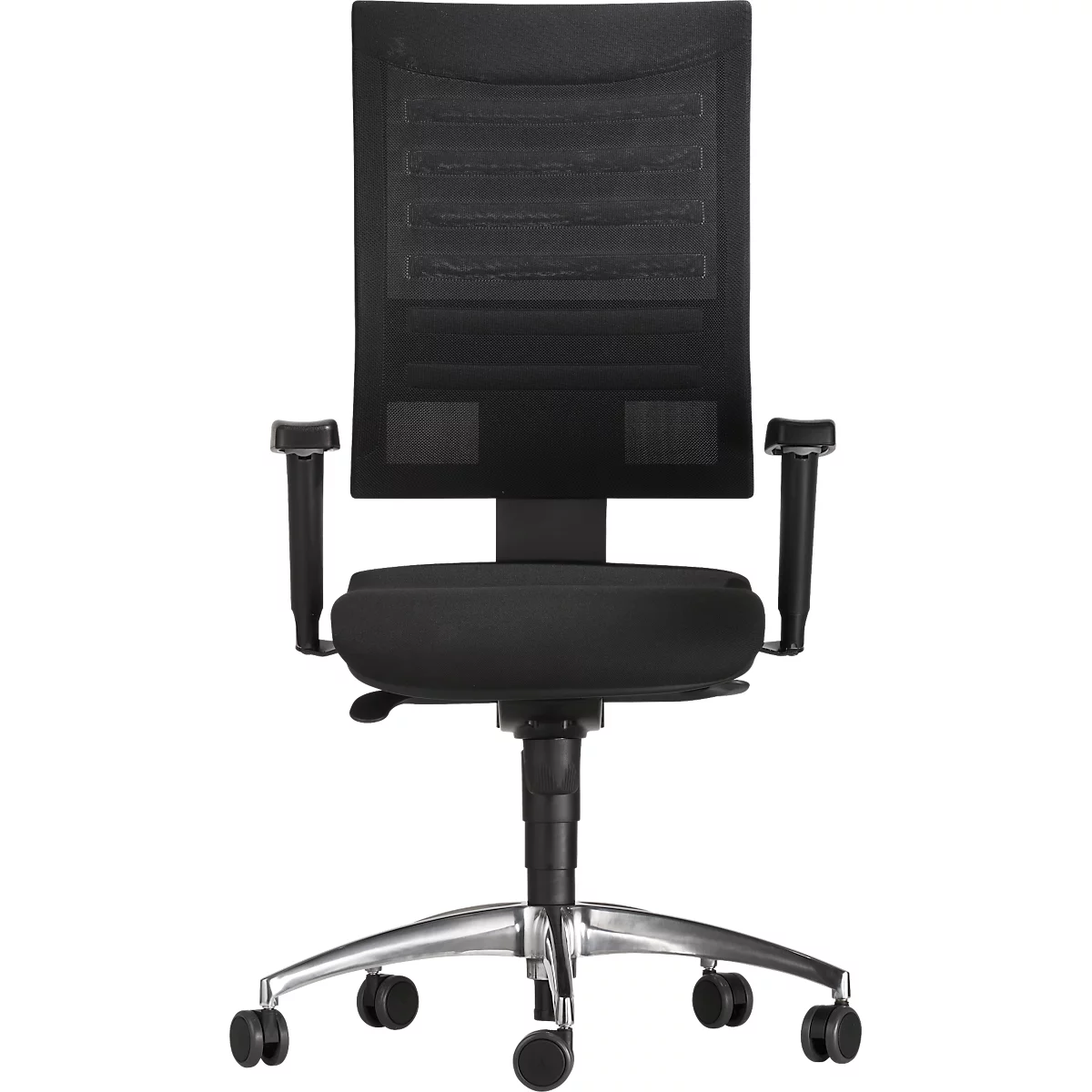 Black office chair, front view. Backrest and seat are black, the frame is silver. Armrests and castors are also present.