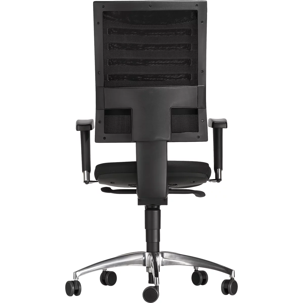 Black office chair, back view. Mesh backrest, armrests, seat and caster base.