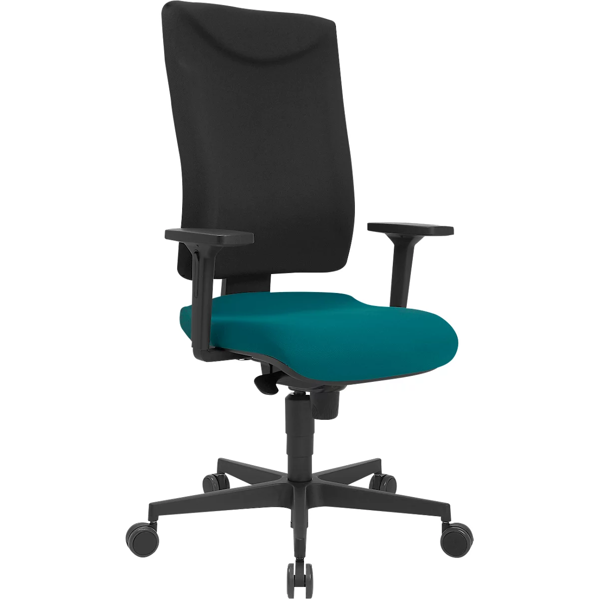 Schreibtischstuhl in Schwarz und Türkis. Er hat eine hohe Rückenlehne, Armlehnen und Rollen.