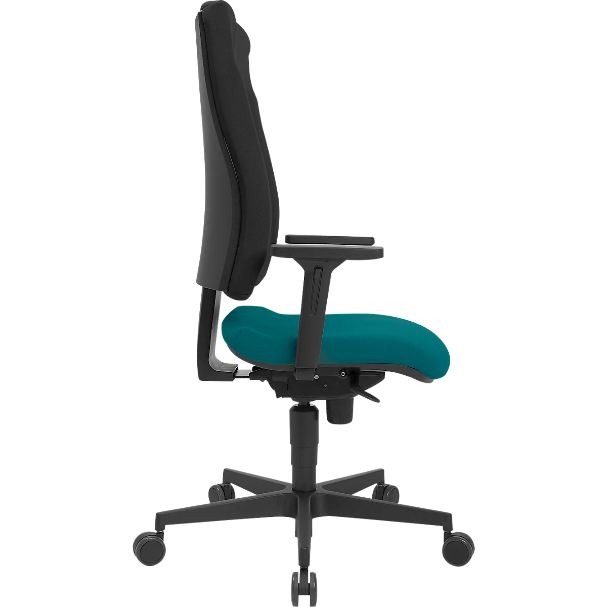 Bürostuhl in Seitenansicht: Schwarze Lehne, türkisfarbene Sitzfläche, schwarzes Gestell. Rollenfüße.