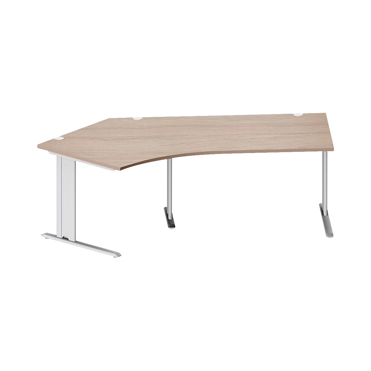 Schäfer Shop Pure Bureau d'angle PLANOVA BASIC, angle 135° gauche, pied en C, L 2165 x P 800/800 x H 717 mm, chêne/alu blanc + passage de câbles
