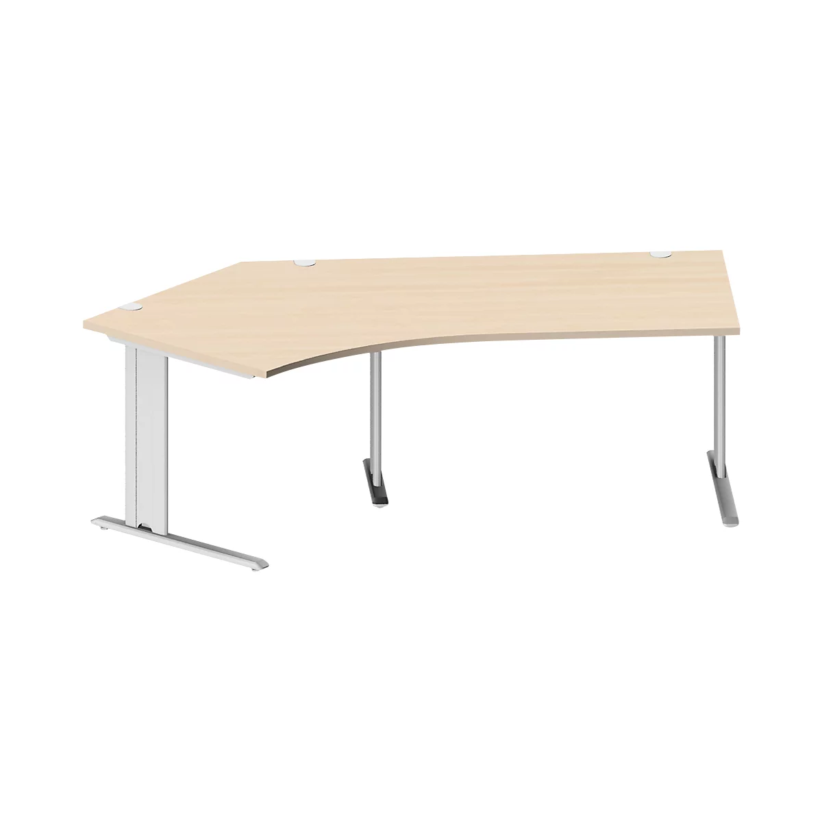 Schäfer Shop Pure Bureau d'angle PLANOVA BASIC, angle 135° gauche, pied en C, L 2165 x P 800/800 x H 717 mm, érable/alu blanc + passage de câbles