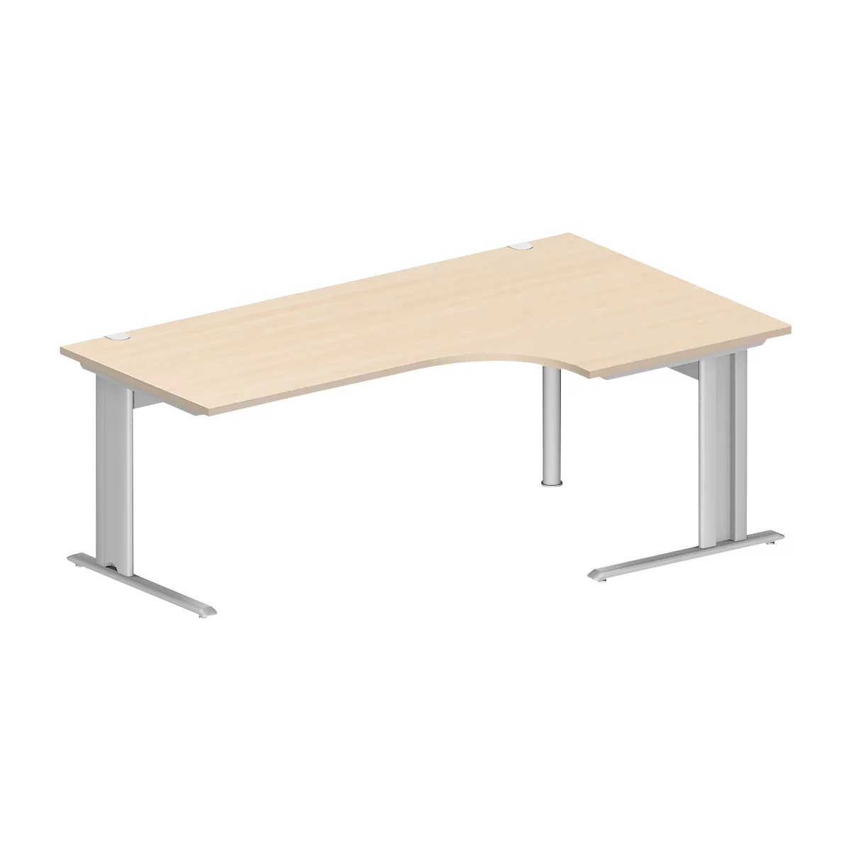 Schäfer Shop Pure Bureau d'angle PLANOVA BASIC, angle 90° à droite, pied en C, L 2000 x P 1200/800 x H 717 mm, érable/alu blanc + passage de câbles