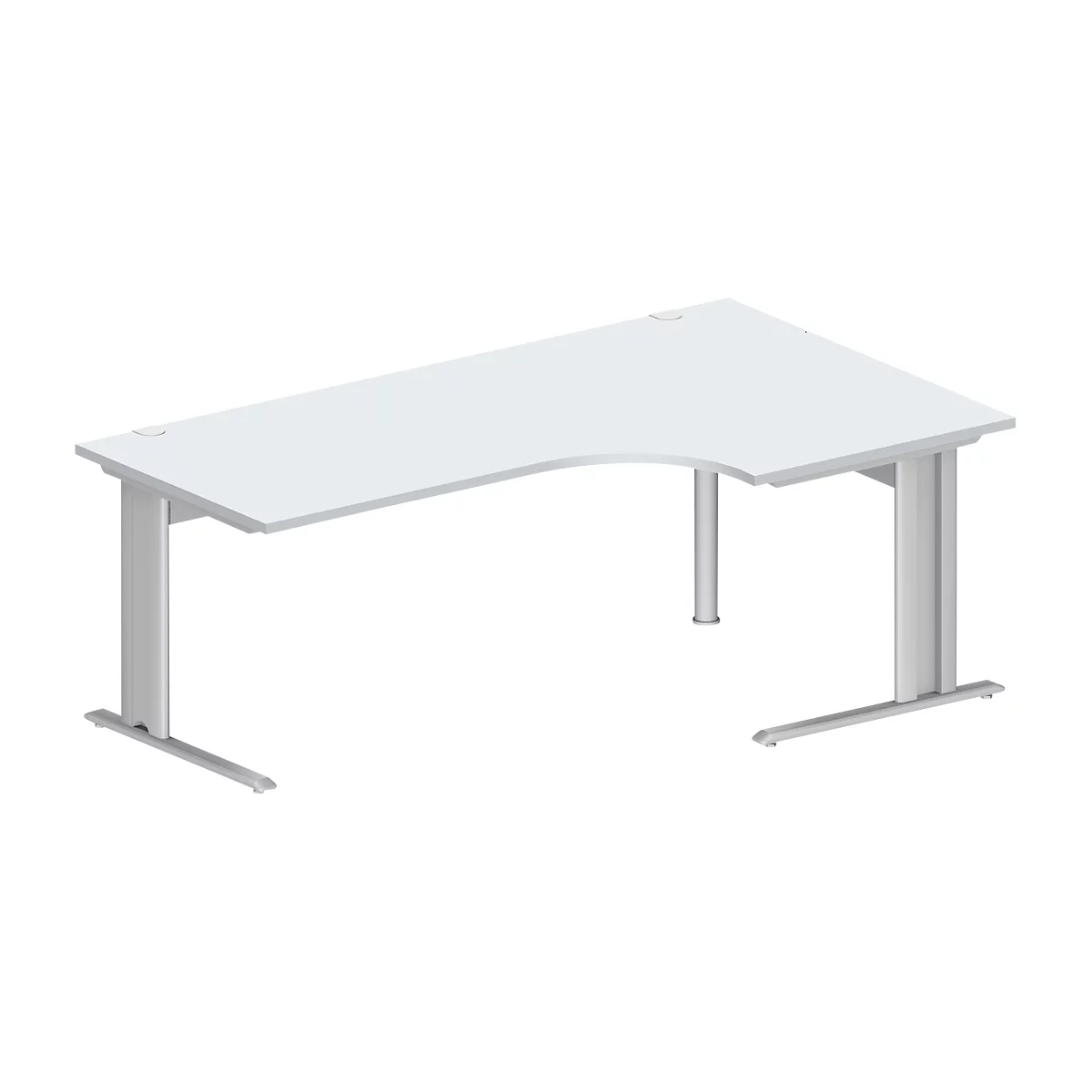 Schäfer Shop Pure Bureau d'angle PLANOVA BASIC, angle 90° à droite, pied en C, L 2000 x P 1200/800 x H 717 mm, gris clair/blanc alu + passage de câbles