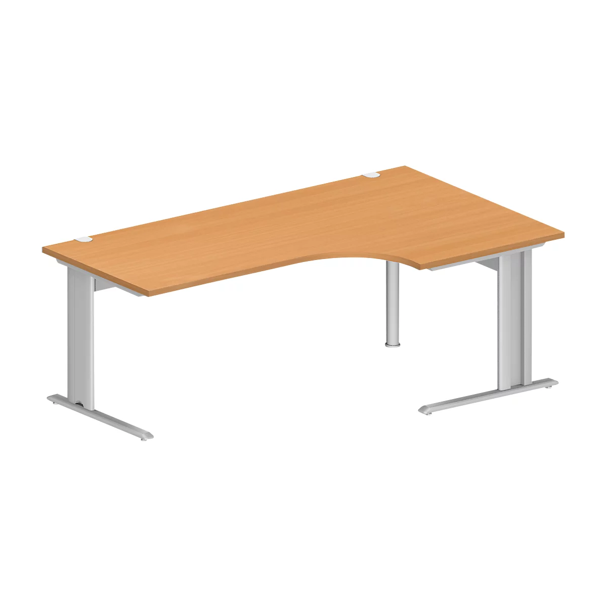 Schäfer Shop Pure Bureau d'angle PLANOVA BASIC, angle 90° à droite, pied en C, L 2000 x P 1200/800 x H 717 mm, hêtre/alu blanc + passage de câbles