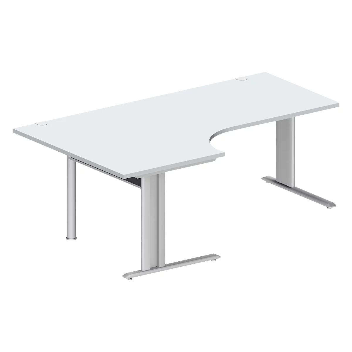 Schäfer Shop Pure Bureau d'angle PLANOVA BASIC, angle 90° gauche, pied en C, L 2000 x P 1200/800 x H 717 mm, gris clair/blanc alu + passage de câbles