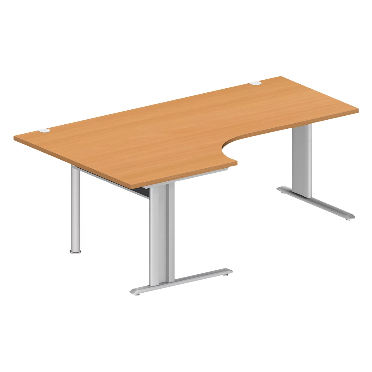 Schäfer Shop Pure Bureau d'angle PLANOVA BASIC, angle 90° gauche, pied en C, L 2000 x P 1200/800 x H 717 mm, hêtre/alu blanc + passage de câbles
