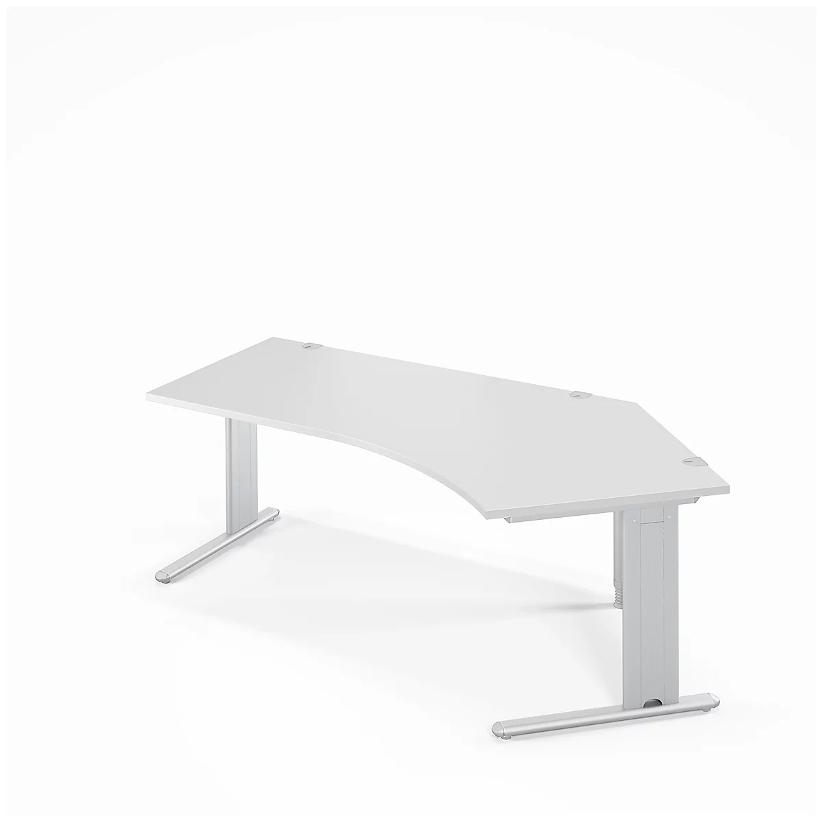 Un bureau d'angle blanc réglable en hauteur avec un bord incurvé sur fond blanc.