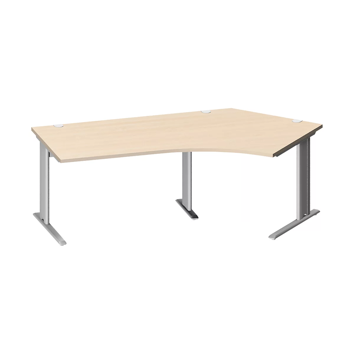 Schäfer Shop Pure Bureau d'angle PLANOVA BASIC, angle de 135° à droite, pied en C, L 2165 x P 800/800 x H 717 mm, érable/alu blanc + passage de câbles