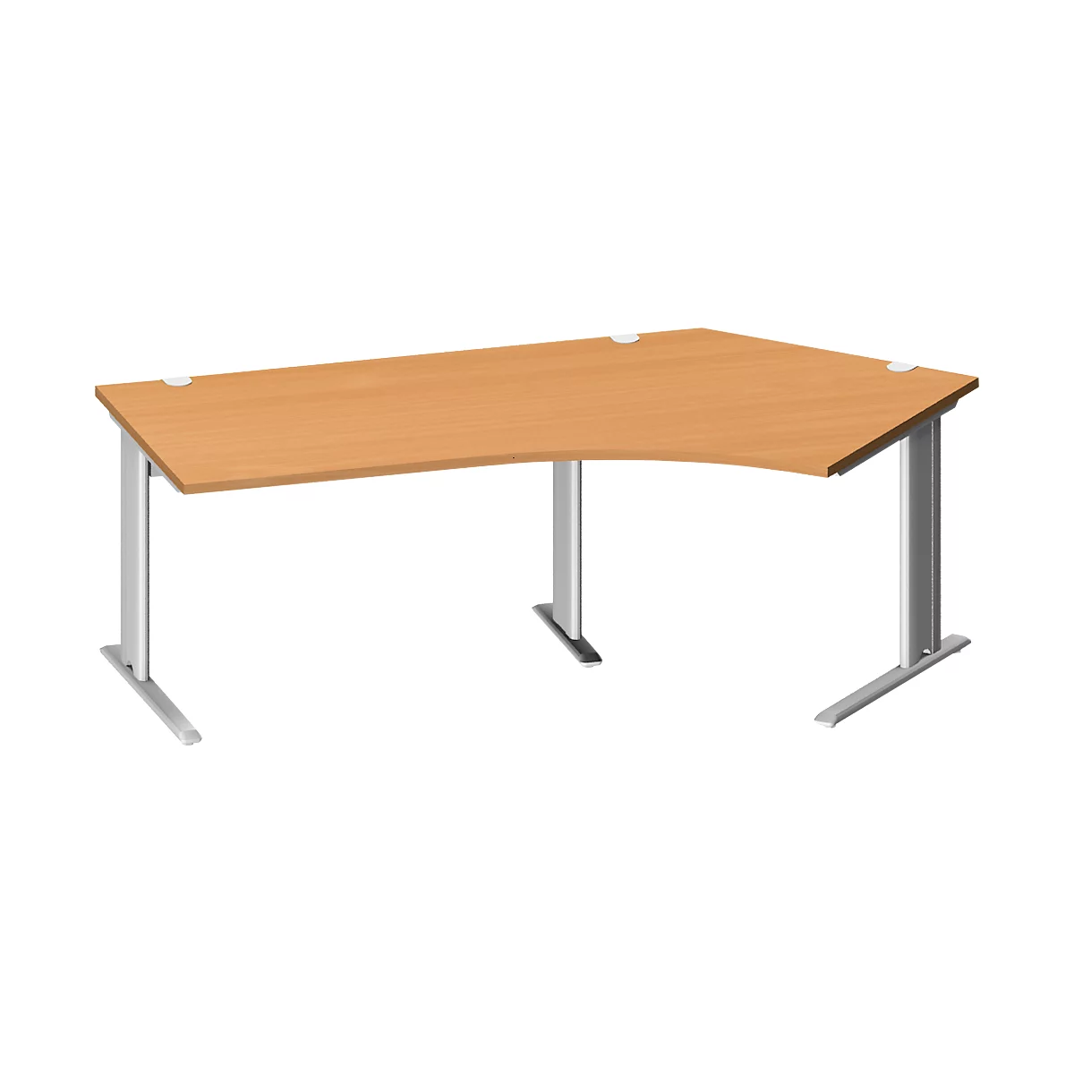 Un bureau d'angle beige avec des pieds argentés sur fond blanc.