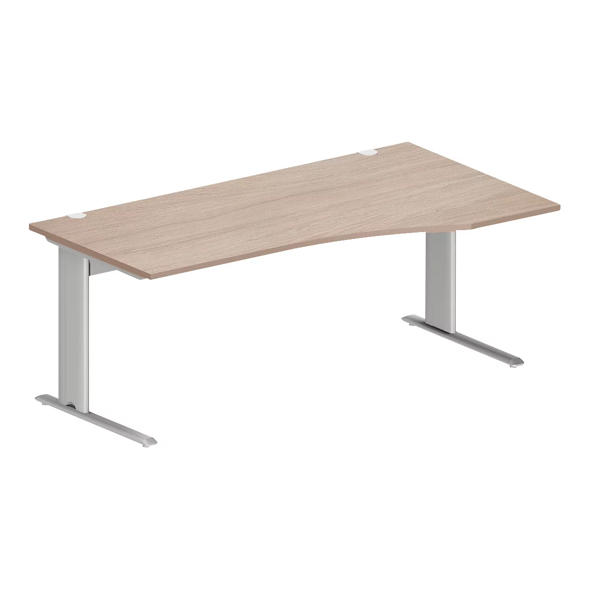 Schäfer Shop Pure Bureau PLANOVA BASIC, forme libre, approche à droite, pied en C, L 1800 x P 1000/800 x H 717 mm, chêne/alu blanc + passage de câbles