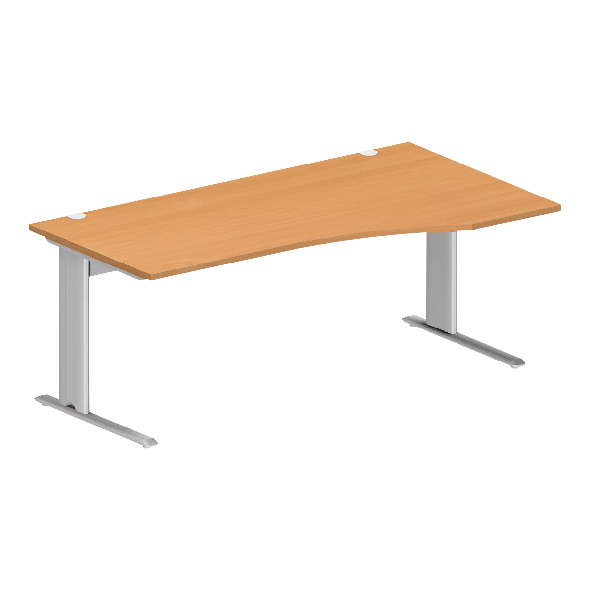 Schäfer Shop Pure Bureau PLANOVA BASIC, forme libre, approche à droite, pied en C, L 1800 x P 1000/800 x H 717 mm, hêtre/alu blanc + passage de câbles