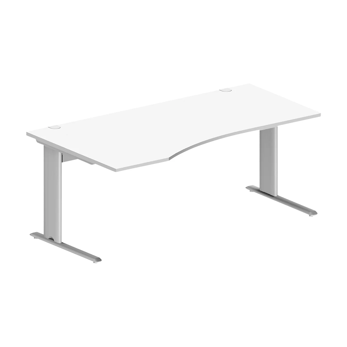 Schäfer Shop Pure Bureau PLANOVA BASIC, forme libre, approche à gauche, pied en C, L 1800 x P 1000/800 x H 717 mm, blanc/alu blanc + passage de câbles
