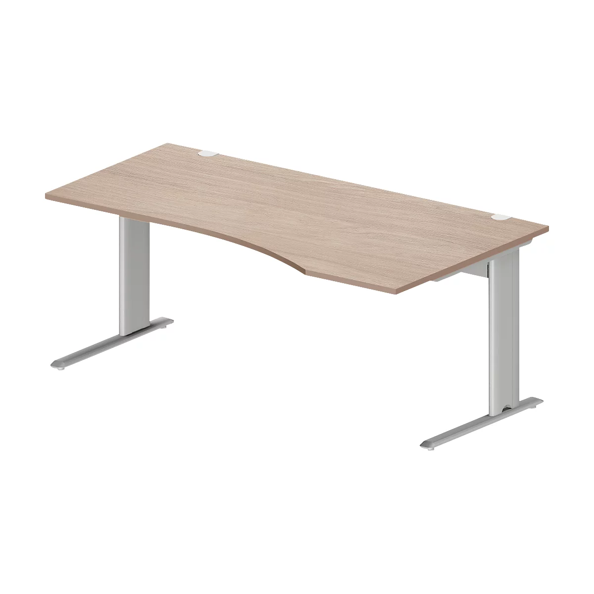 Schäfer Shop Pure Bureau PLANOVA BASIC, forme libre, approche à gauche, pied en C, L 1800 x P 1000/800 x H 717 mm, chêne/alu blanc + passage de câbles