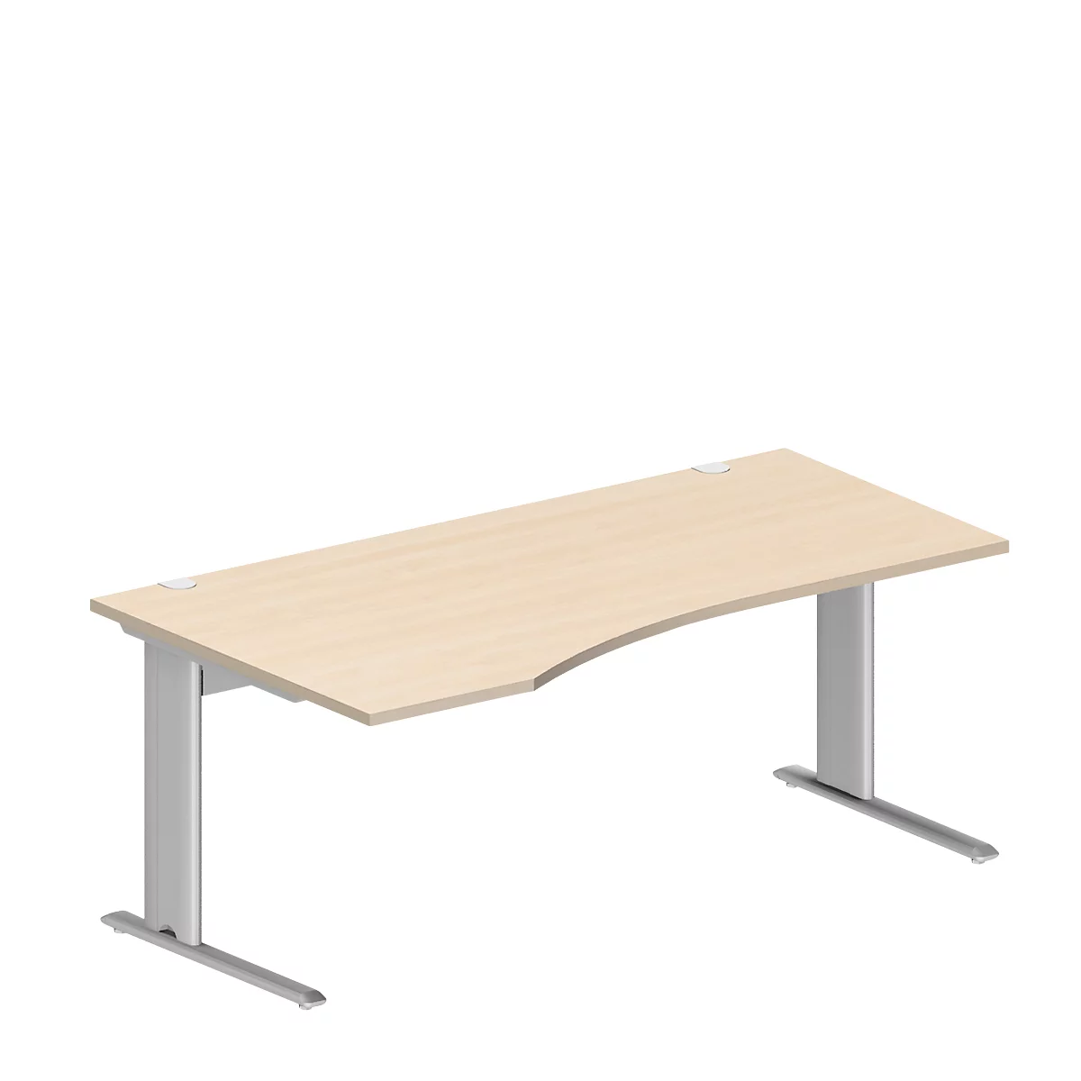 Schäfer Shop Pure Bureau PLANOVA BASIC, forme libre, approche à gauche, pied en C, L 1800 x P 1000/800 x H 717 mm, érable/alu blanc + passage de câbles