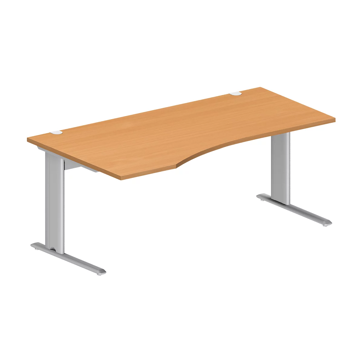 Schäfer Shop Pure Bureau PLANOVA BASIC, forme libre, approche à gauche, pied en C, L 1800 x P 1000/800 x H 717 mm, hêtre/alu blanc + passage de câbles