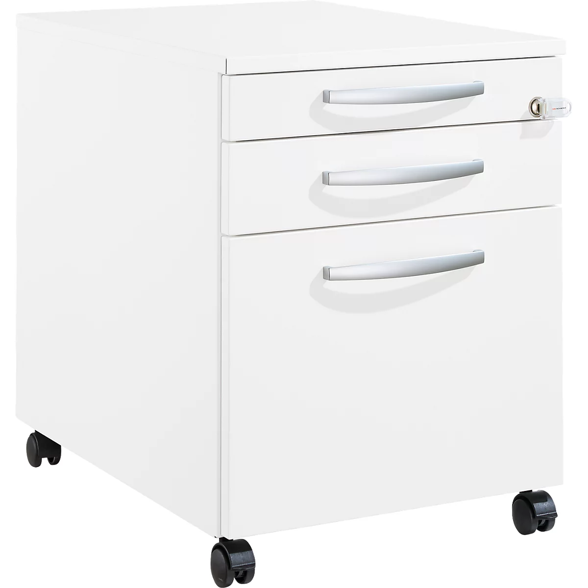 Schäfer Shop Pure Caisson à roulettes 126, tiroir à ustensiles + 2 tiroirs, verrouillable, poignées métalliques rondes, L 434 x P 600 x H 570 mm, blanc/blanc
