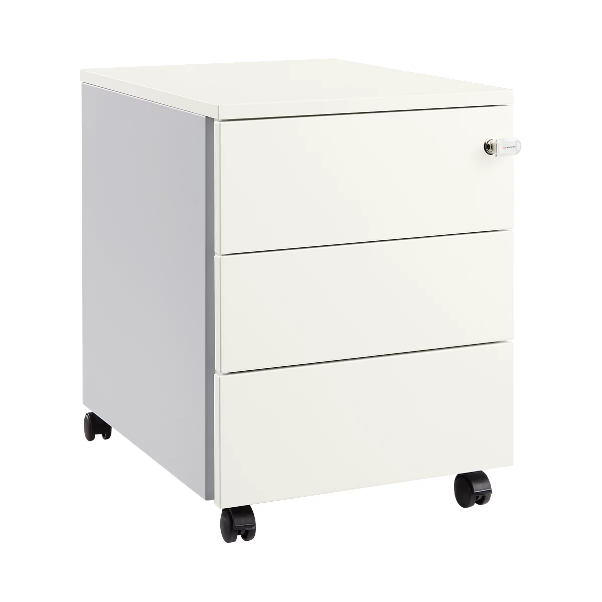 Schäfer Shop Pure Caisson à roulettes 333, corps en acier, façade en bois, roulettes, verrouillable, L 435 x P 565 x H 567 mm, 3 tiroirs, aluminium blanc/aluminium blanc