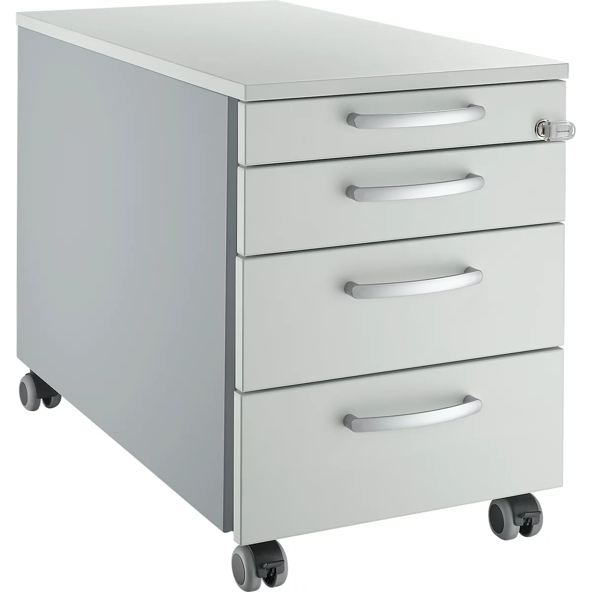 Schäfer Shop Pure Caisson roulant 1233, 3 tiroirs &amp; 1 tiroir à ustensiles, verrouillable, poignées rondes, L 435 x P 765 x H 577 mm, alu blanc/gris clair/gris clair