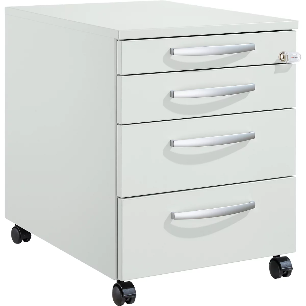 Schäfer Shop Pure Caisson roulant 1233, tiroir à ustensiles + 3 tiroirs, verrouillable, poignées métalliques rondes, L 434 x P 600 x H 570 mm, gris clair/gris clair