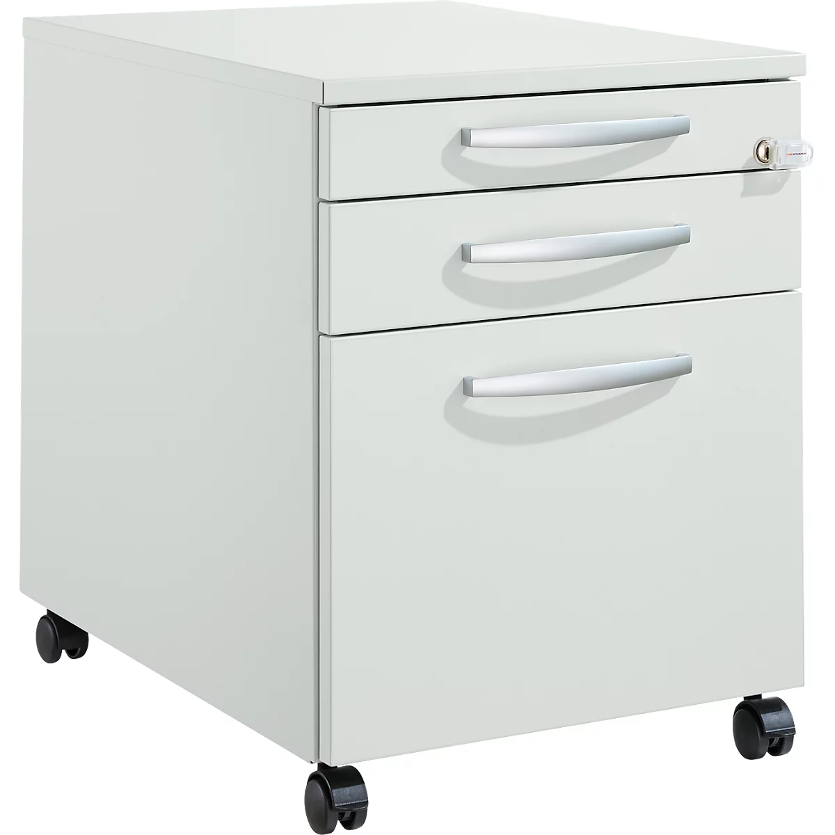 Schäfer Shop Pure Caisson roulant 126, tiroir à ustensiles + 2 tiroirs, verrouillable, poignées métalliques rondes, L 434 x P 600 x H 570 mm, gris clair/gris clair