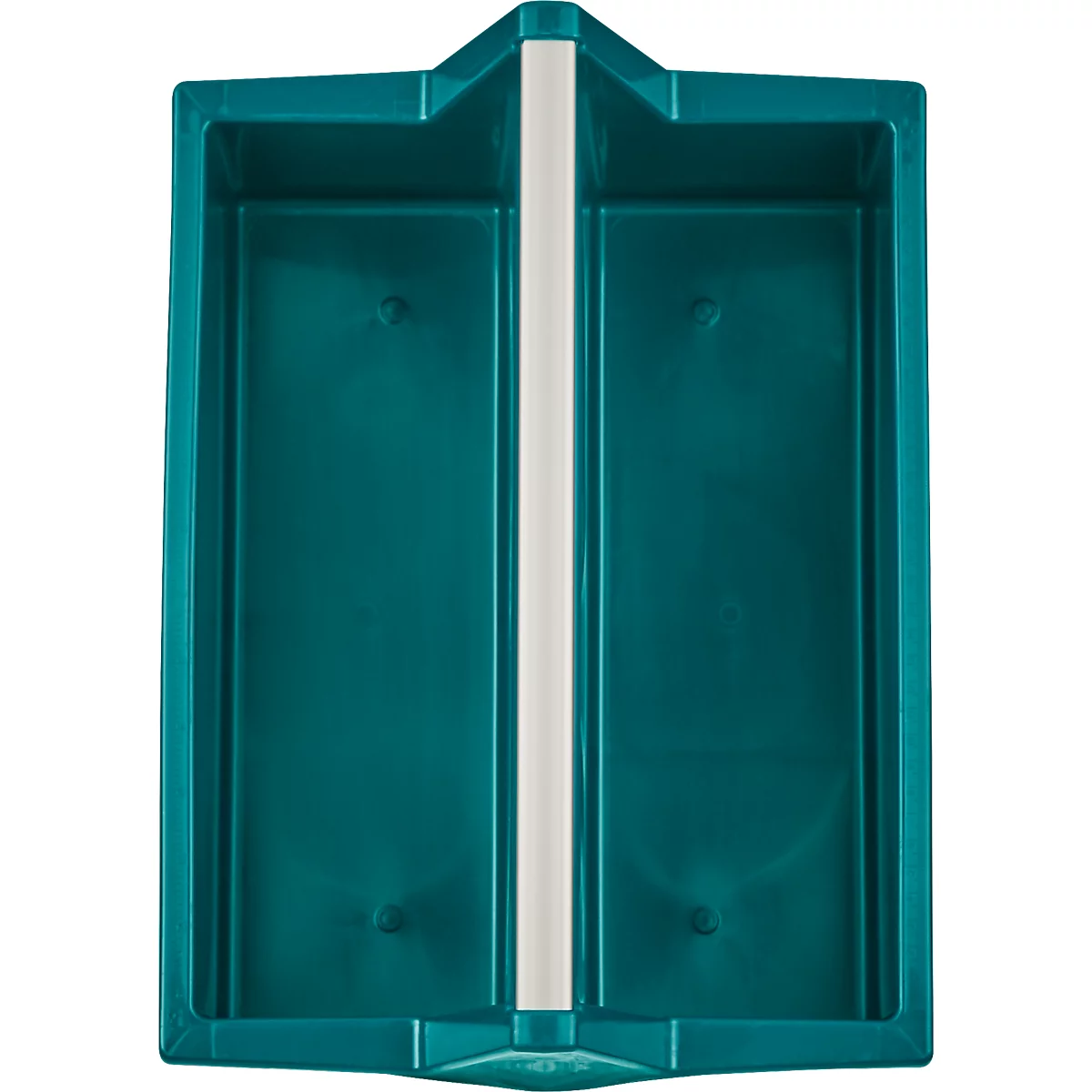 Green rectangular tray with a white center divider. Two compartments, each with two small round holes.