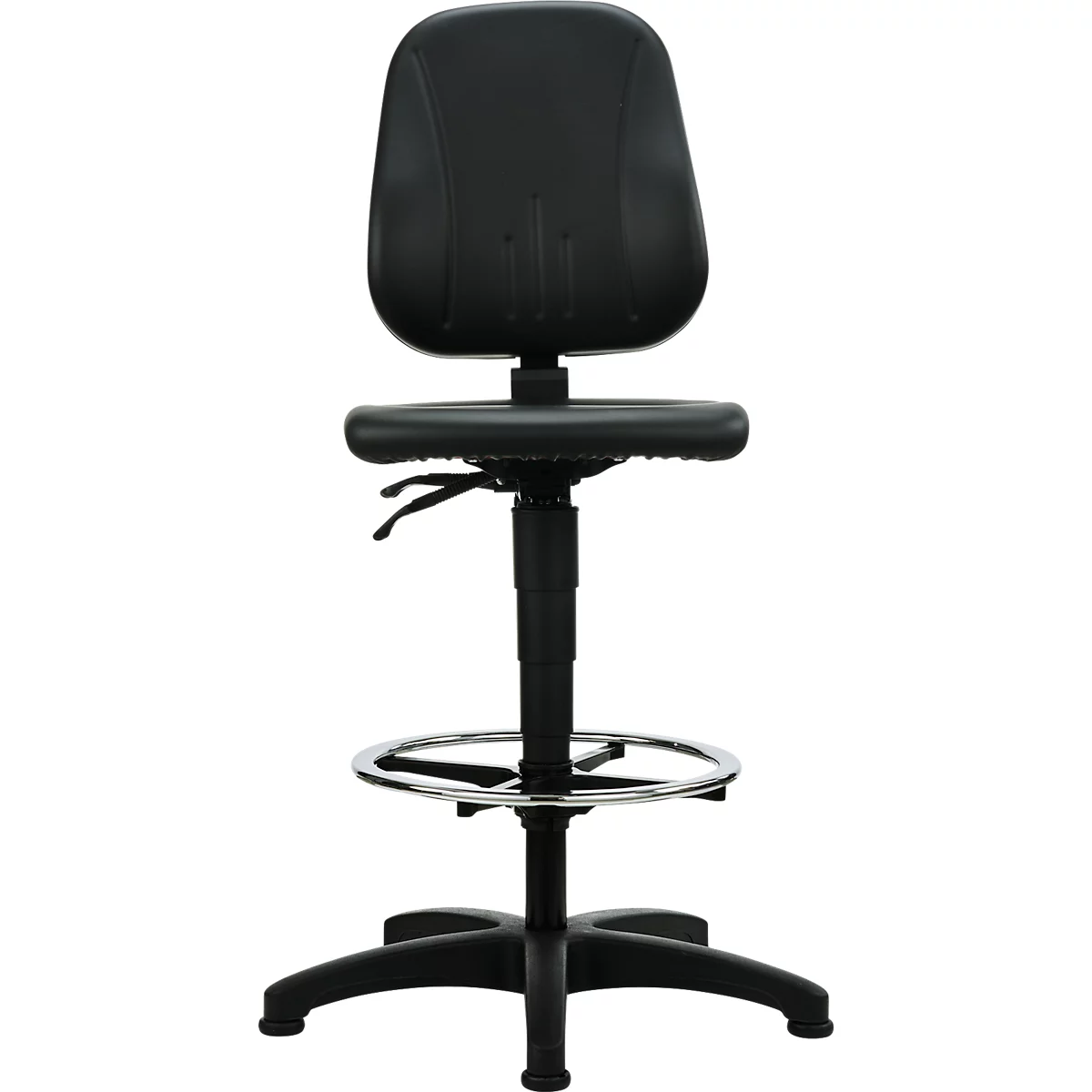 Chaise de travail noire réglable en hauteur avec repose-pieds et base en forme d'étoile.