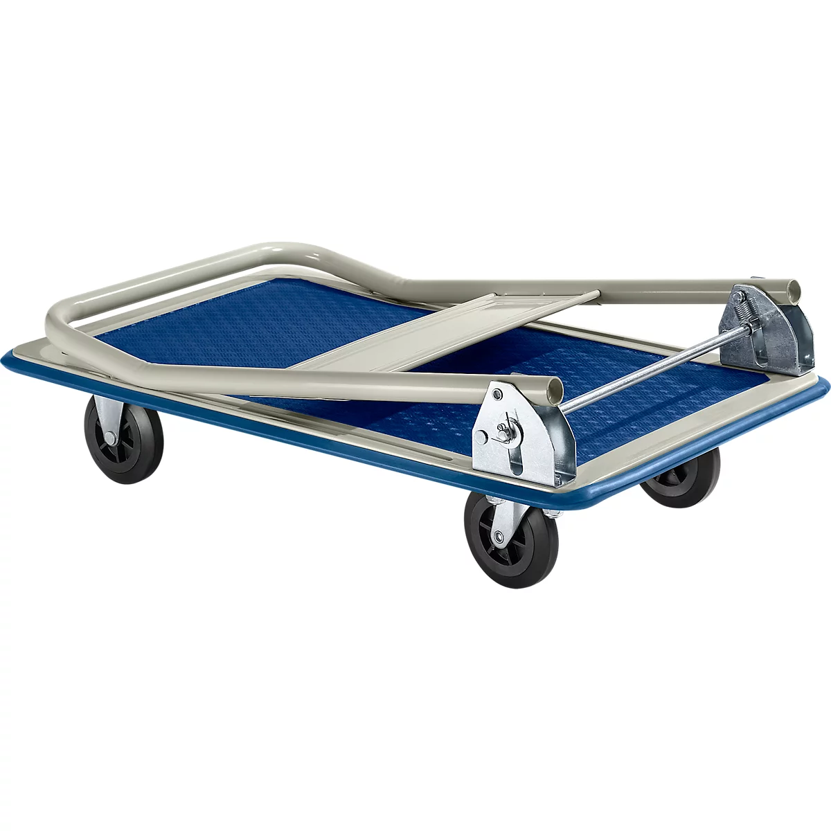 Chariot de transport bleu et pliable avec quatre roues noires et des barres métalliques argentées.