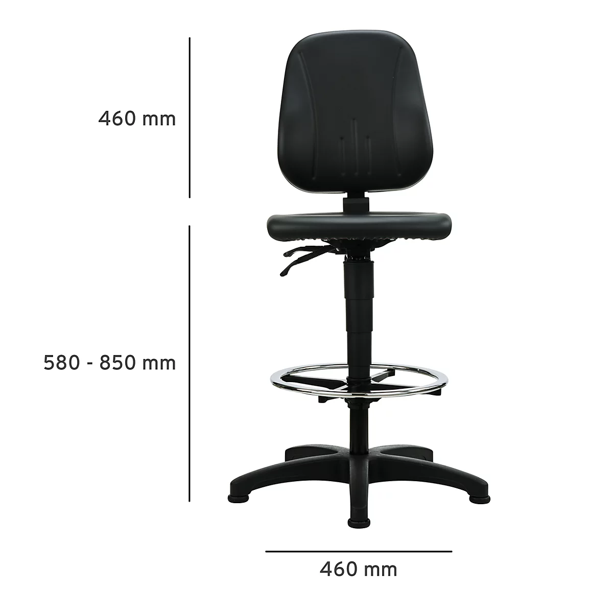 Tabouret de bar noir réglable en hauteur. Dimensions : 460 mm x 460 mm, hauteur 580 - 850 mm.
