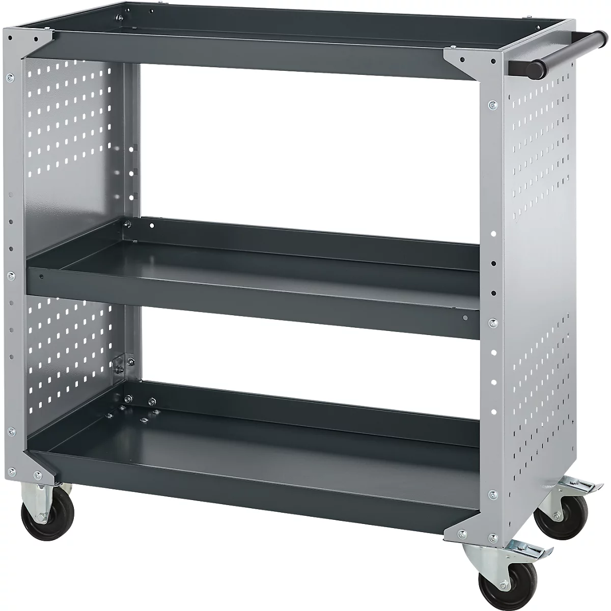Chariot à outils gris avec trois étagères, roulettes et panneaux latéraux perforés.