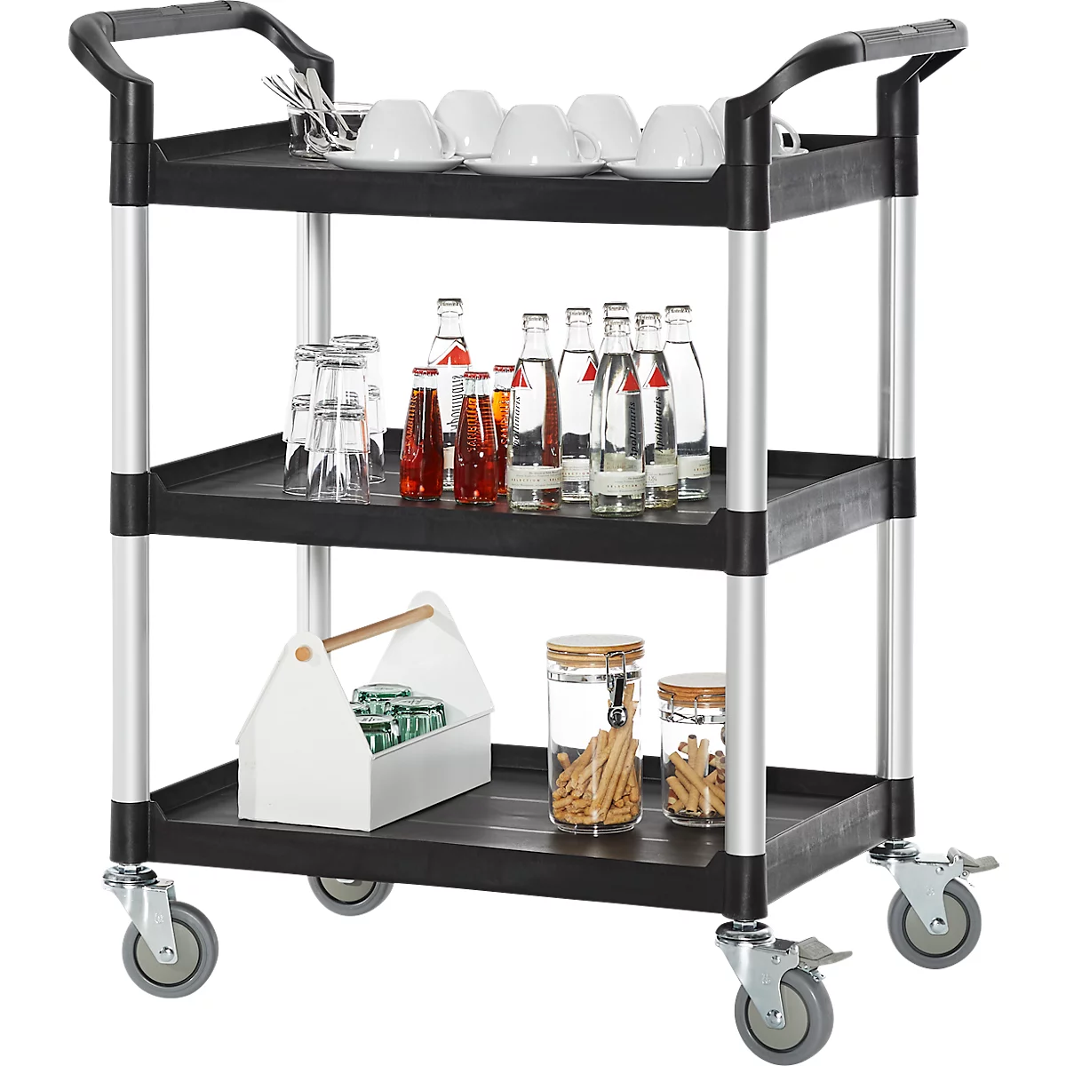 Schäfer Shop Pure Chariot multi-usages, 4 roues pivotantes en TPR avec 2 freins, 3 plateaux, L 680 x l 450 mm, plastique/aluminium, noir/argenté
