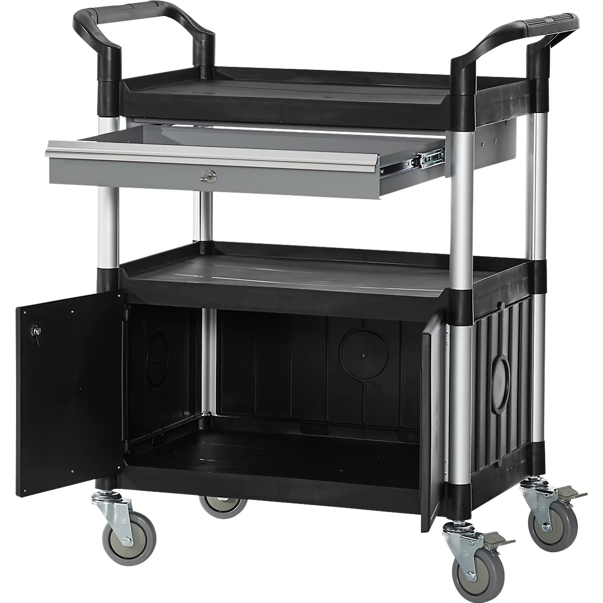Schäfer Shop Pure Chariot polyvalent, noir, aluminium/plastique, avec tiroir et armoire, 4 roulettes pivotantes à bandage plein, L 850 x l 480 x H 1000 mm
