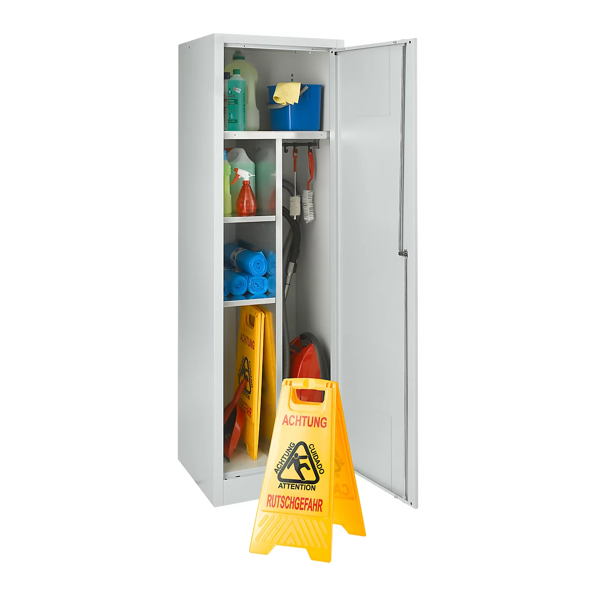 Open cabinet with cleaning supplies and a warning sign about slippery floors.