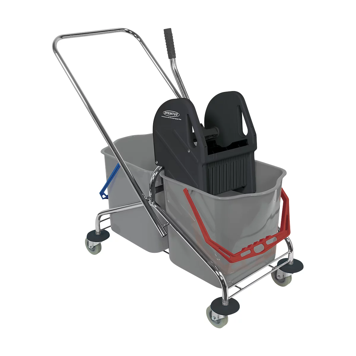 Gray cleaning cart with two buckets, a wringer, and wheels. The wringer features the text 'SPONTEX'.