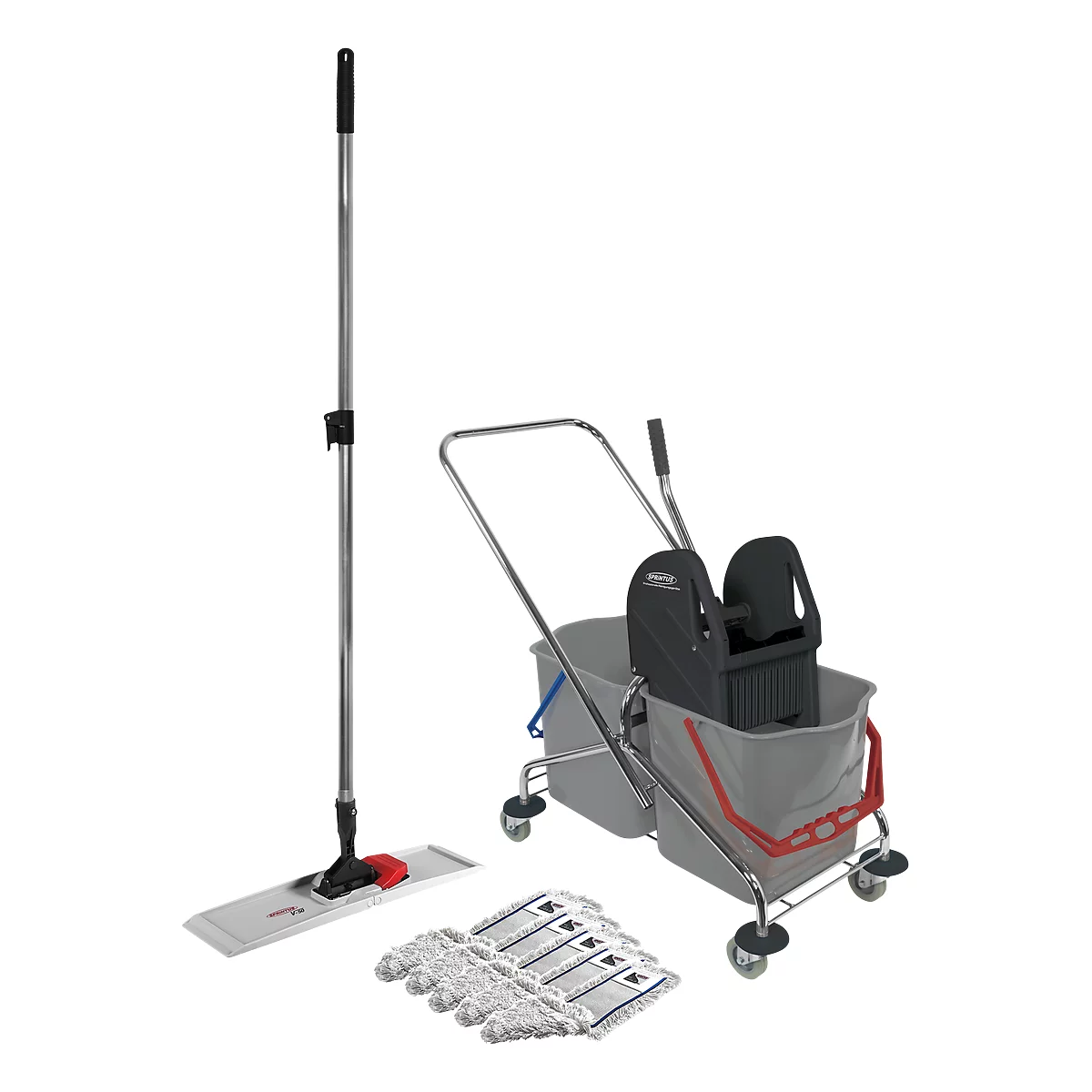 A cleaning cart with a mop and accessories. The cart has two buckets, a mop holder and several mop attachments.