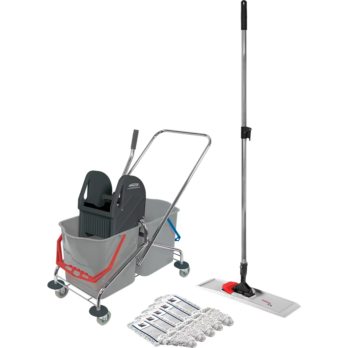 Complete mop set with bucket, mop, replacement mops. Bucket with wheels and wringing device. Mop with red holder and replacement pads.