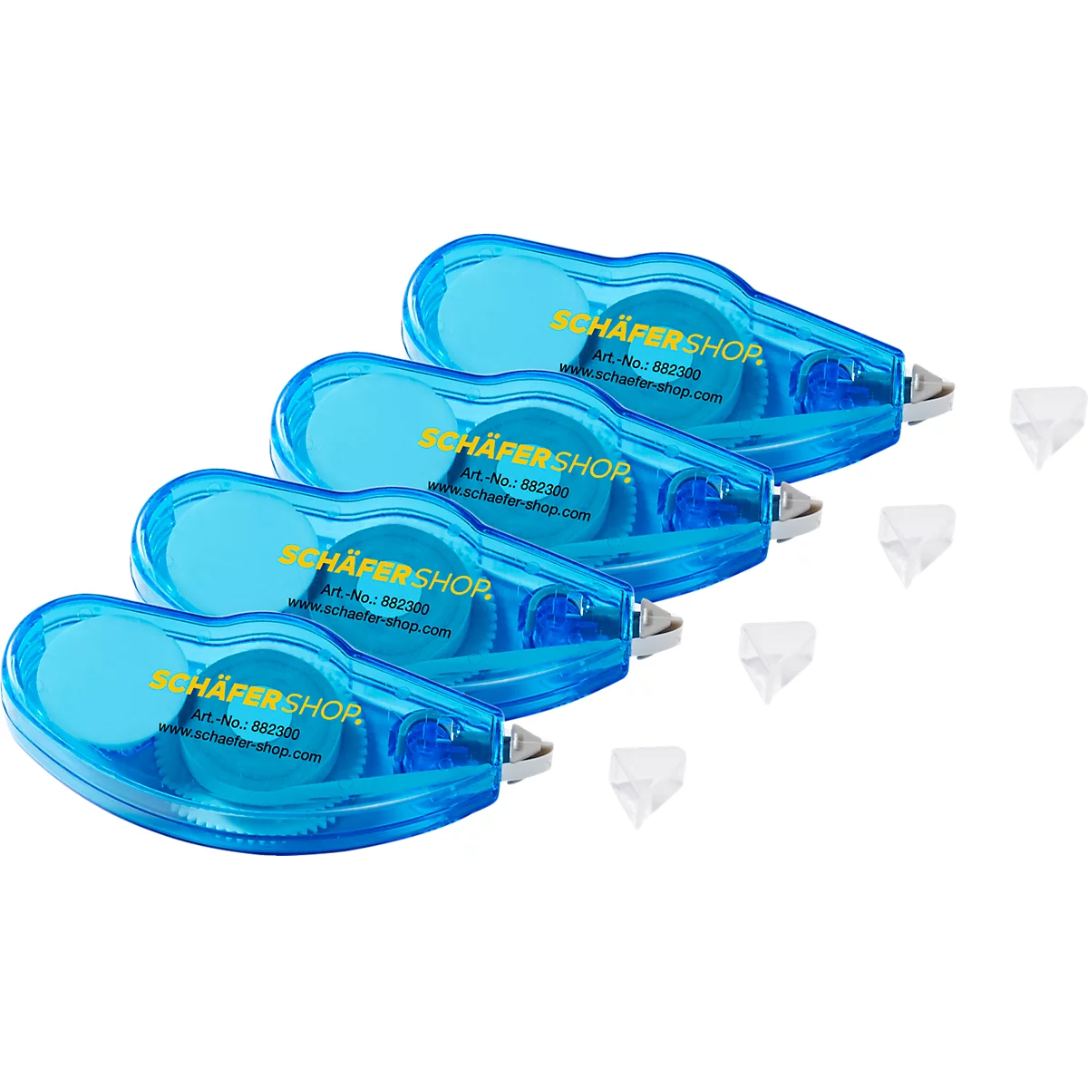 Four blue correction rollers with the lettering SCHÄFERSHOP. Next to them are white replacement tips.