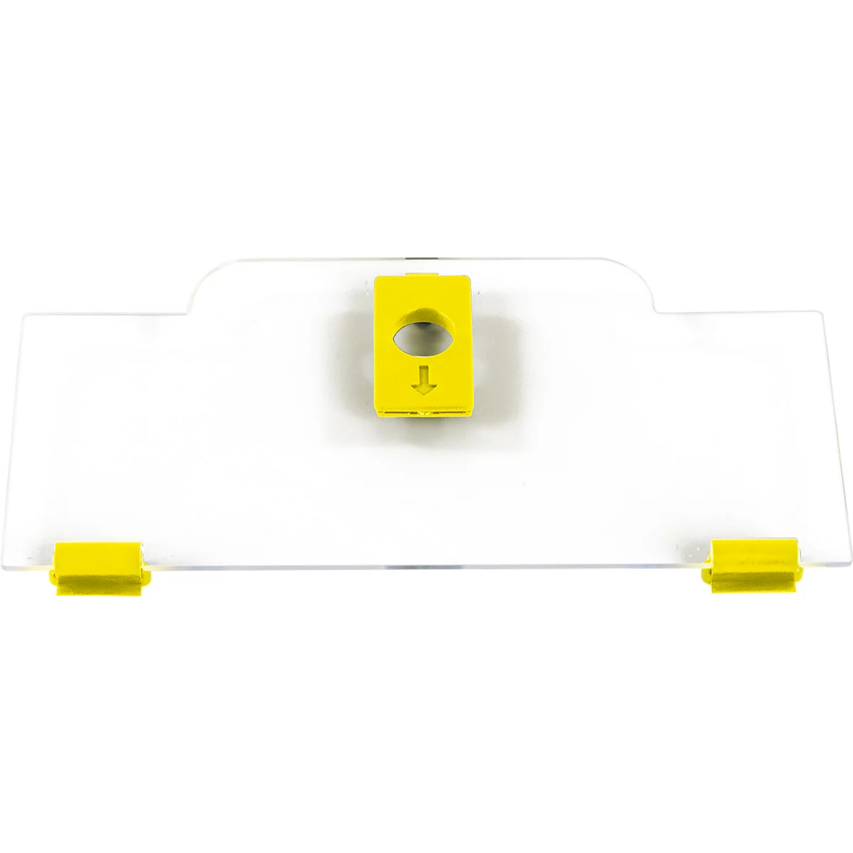Écran de protection transparent avec clip jaune et deux pinces inférieures jaunes sur fond blanc.