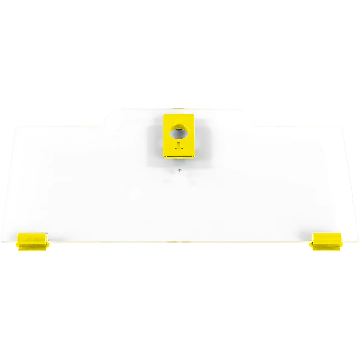 Feuille en plastique transparent avec des éléments de fixation jaunes sur fond blanc.