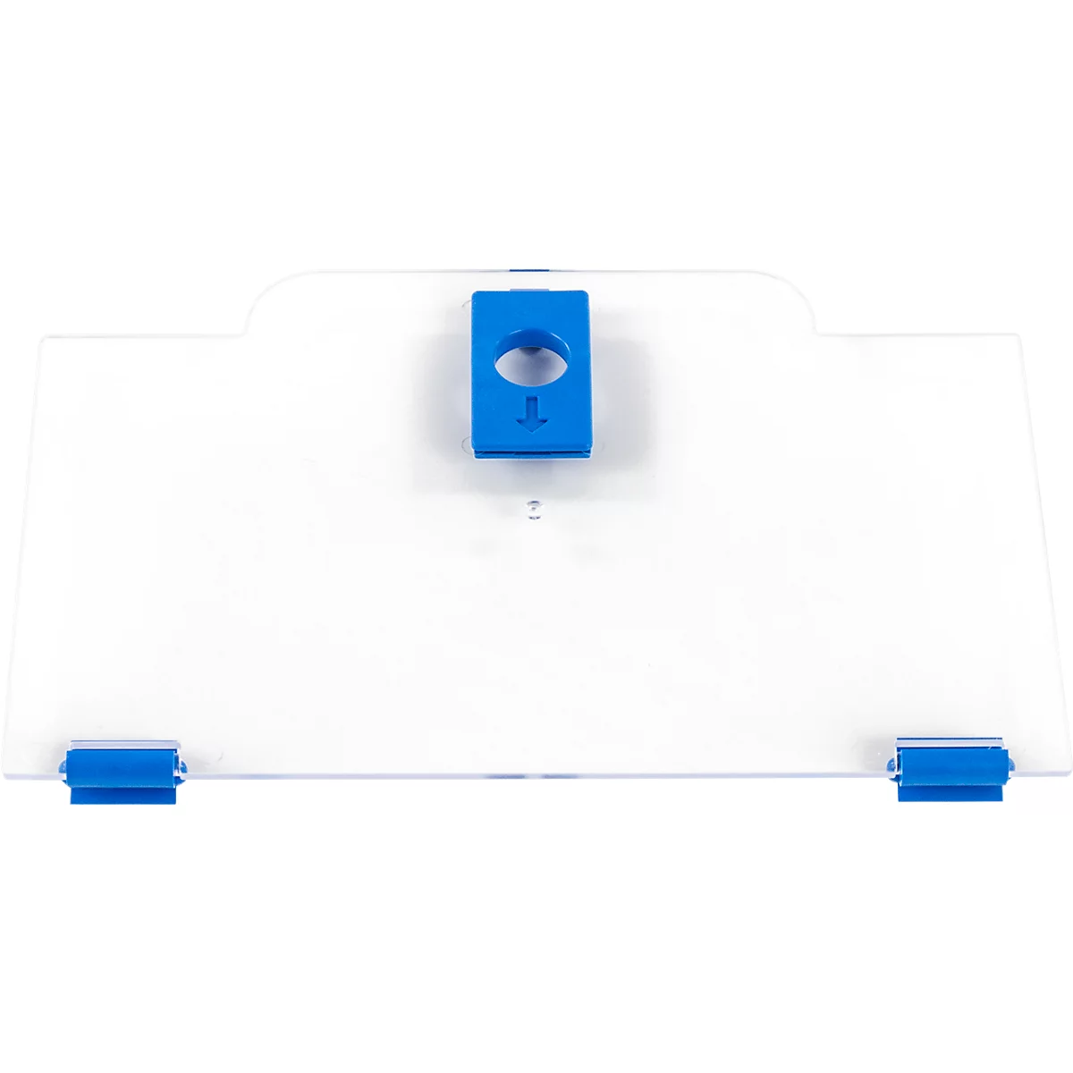 Transparente Kunststoffabdeckung mit blauen Halteelementen und einem mittigen blauen Aufsatz mit Pfeil.