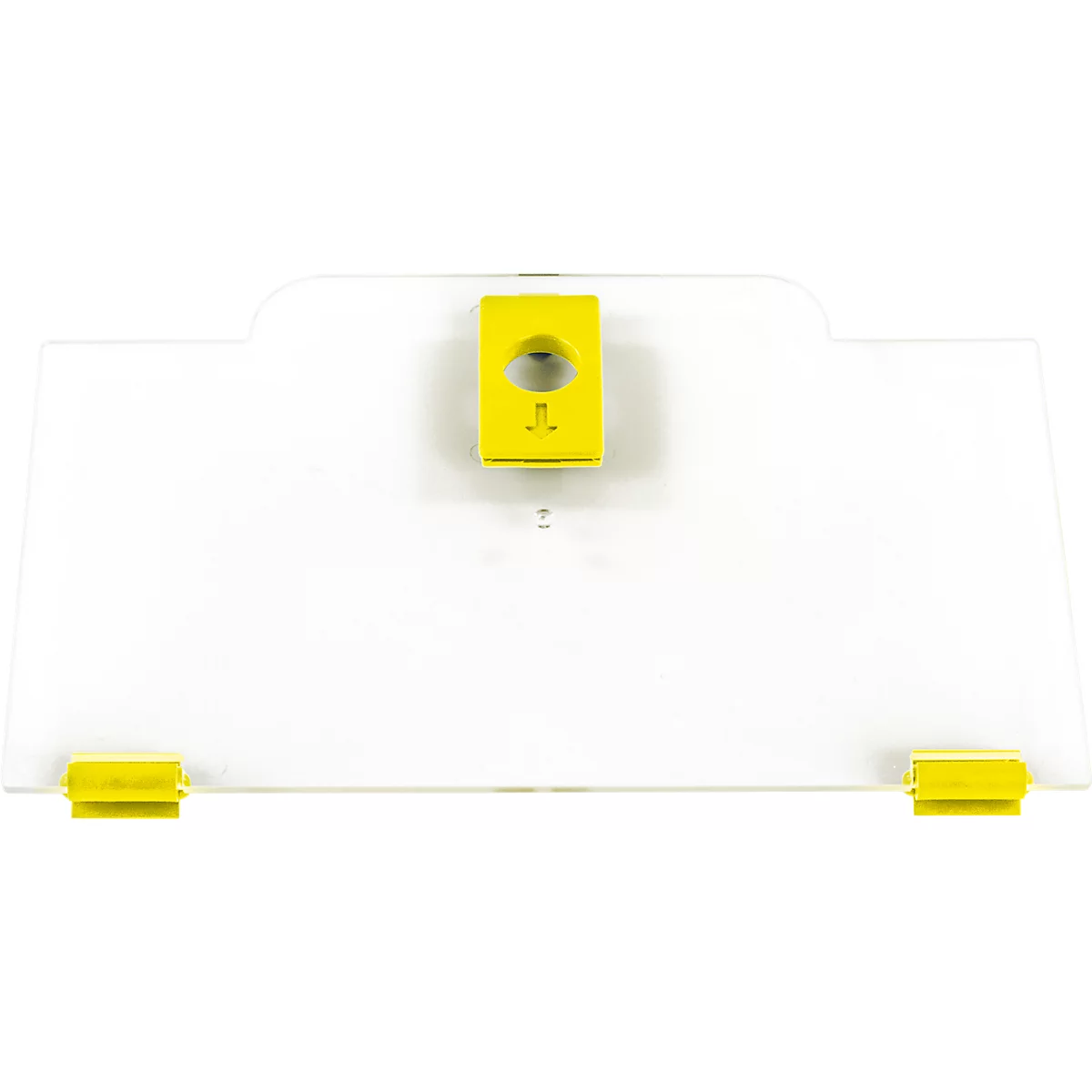 Transparante acrylplaat met gele bevestigingselementen en een centraal gat.
