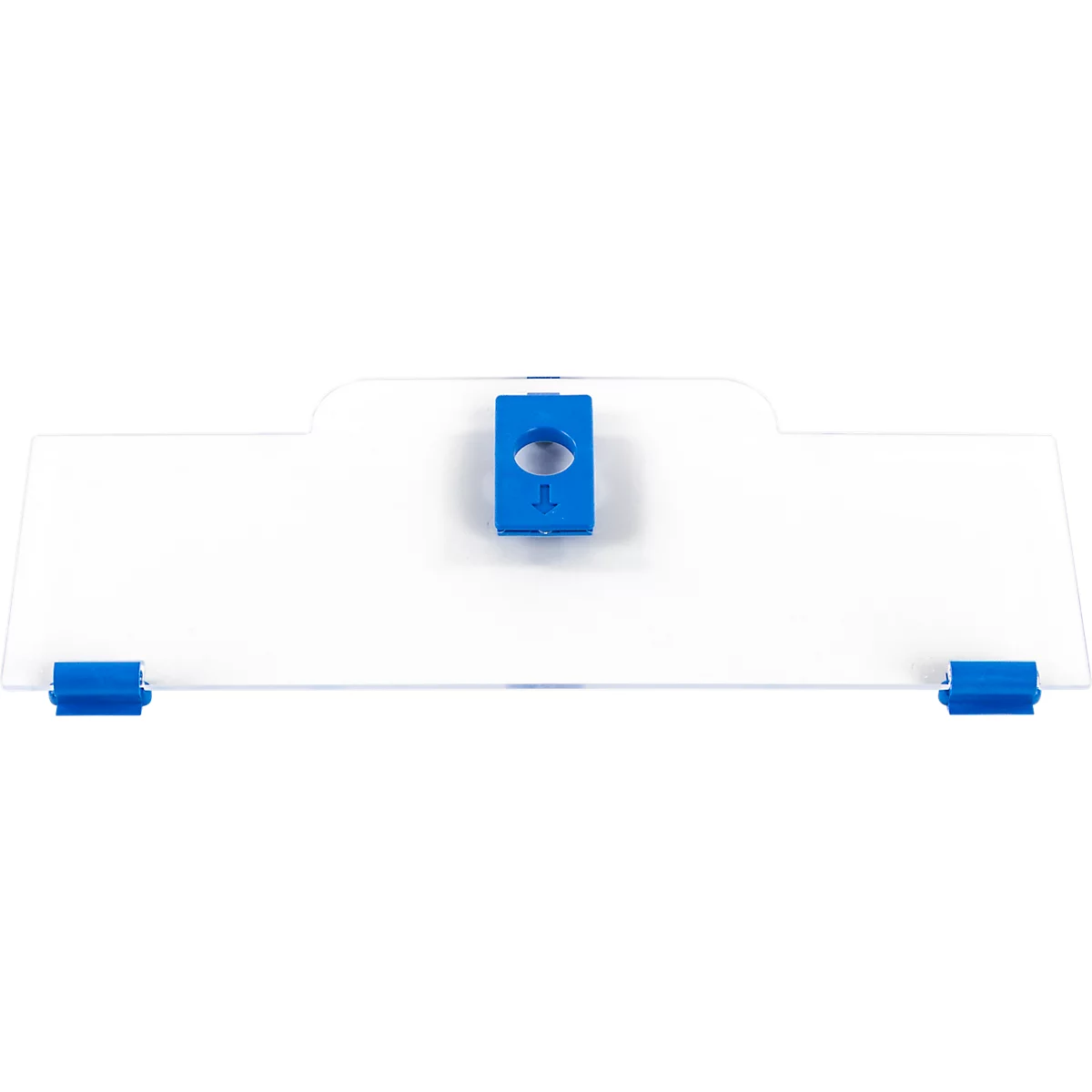 Transparante kunststof afdekking met blauwe beugels en een centraal blauw vergrendelingsmechanisme.